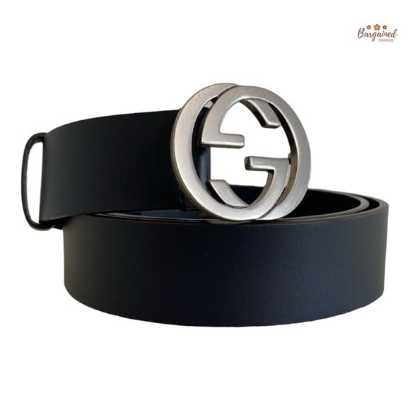 Authentic Gucci Black Leather Silver Interlocking G Buckle Belt Size 90/36 - Picture 1 of 13